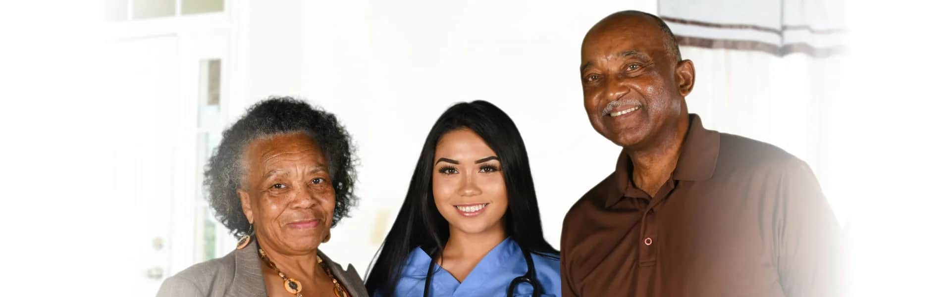 Caregiver and senior client reviewing an authorized home care service area map